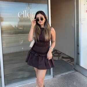 Peppermayo Exclusive - Garden Kisses Shirred Mini Dress - Chocolate